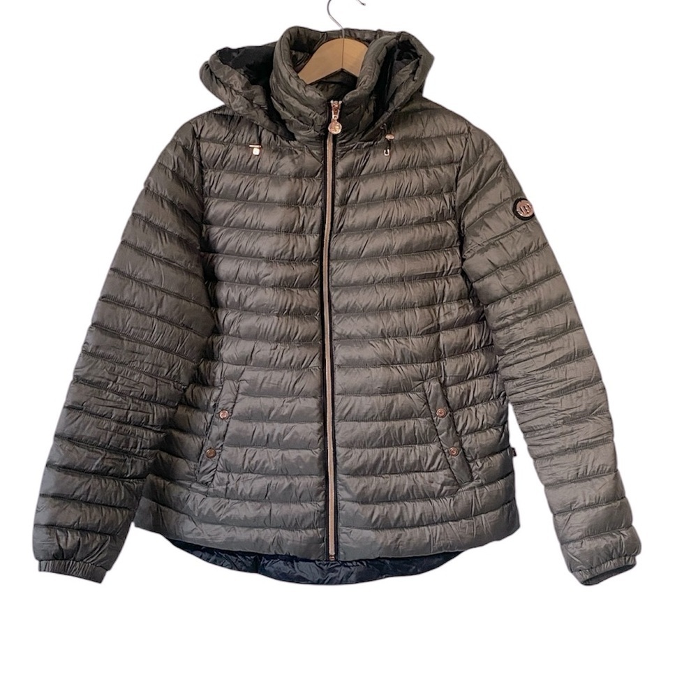 Bernardo Quilted green duck down lightweight hooded puffer Jacket size Small